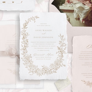 Druckbare Hochzeitseinladungsvorlage Set mit Blumenkranz, bearbeitbare zarte Blumen lädt Hochzeitsdetails und Antwortkarten Gold Botanical ein