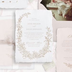 Printable Wedding Invitation Template Set with Floral Wreath, Editable Delicate Floral Invites Wedding Details and RSVP Cards Gold Botanical image 1