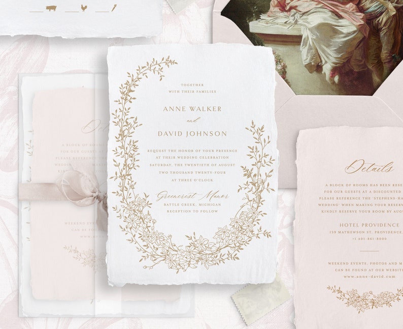 Printable Wedding Invitation Template Set with Floral Wreath, Editable Delicate Floral Invites Wedding Details and RSVP Cards Gold Botanical image 1