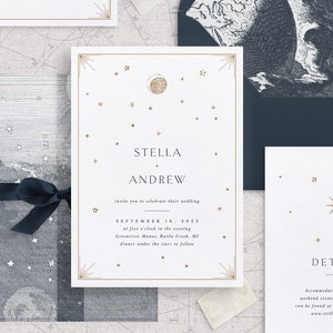 Printable Vintage Celestial Wedding Invitation Template Set with Moon & Stars, Editable Elegant Invites, Classic Wedding Details RSVP Cards