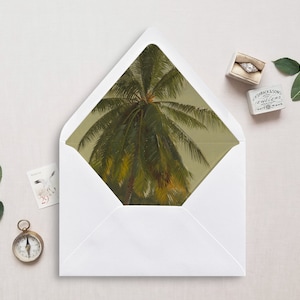 Druckbares Umschlagfutter, A7, Euro Klappe, Quadratische Klappe, Tropisches Umschlagfutter für 5x7 Hochzeitseinladungen, Palme