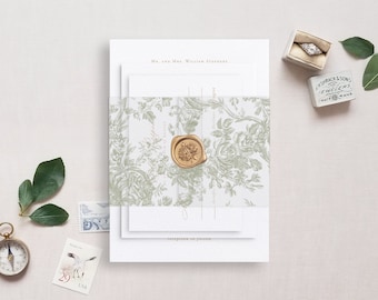 Printable Wedding Vellum Wrap in Narrow Style, French Toile Sage Design