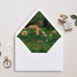 Druckbare Umschlagunterlage, A7, Euroklappe, quadratische Klappe, Blumen Stillleben Umschlageinlage für 5x7 Hochzeitseinladungen, Rosengarten