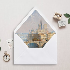 Printable Envelope Liner, A7, Euro Flap, Square Flap, City Landscape Envelope Liner for 5x7 Wedding Invitations, Paris with Notre Dame