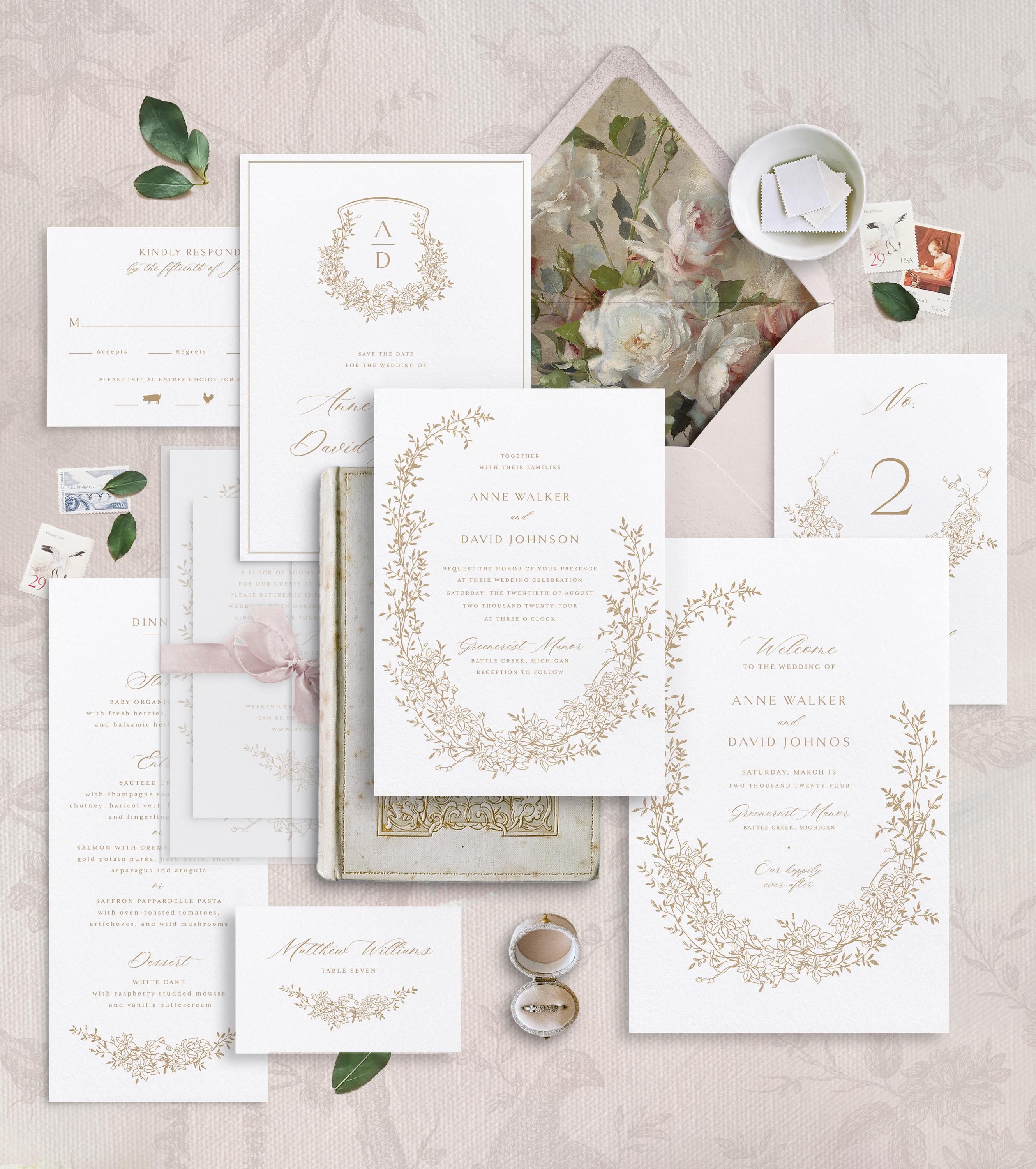 Floral Wreath Wedding Invitation Bundle | Elegant Gold Editable DIY Stationery Template Set | Printable Classic Botanical Reception Signs