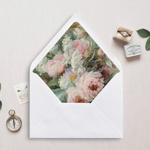 Umschlag Liner, A7, Euro Klappe, Quadrat Flap, 6.5 Square, A6, 5.75 Square, 4 Bar, für 5x7 Hochzeitseinladungen, Blush Peonies