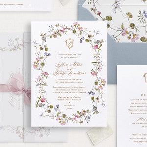 Printable Colorful Floral Wedding Invitation Template Set with Monogram Crest, Editable Wedding Invites, Details and RSVP Cards