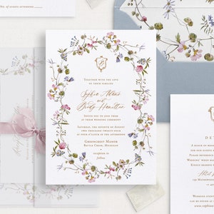 Set di modelli di inviti di nozze floreali colorati stampabili con stemma monogramma, inviti di nozze modificabili, dettagli e biglietti RSVP