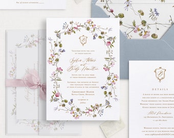 Printable Colorful Floral Wedding Invitation Template Set with Monogram Crest, Editable Wedding Invites, Details and RSVP Cards