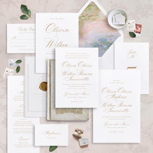 Elegantes Gold Kalligraphie Hochzeitseinladung Bündel | Minimalistisches klassisches editierbares Briefpapier-Vorlagen-Set | Ausdruckbares Schilder für den Empfang