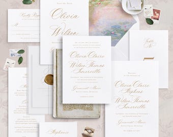 Elegant Gold Calligraphy Wedding Invitation Bundle | Minimalist Classic Editable Stationery Template Set | Printable Simple Reception Signs