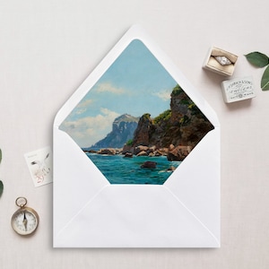 Druckbare Umschlag Zwischenlage, A7, Euro Klappe, quadratische Klappe, tropische Hochzeit Umschlag Zwischenlage für 5x7 Hochzeitseinladungen, Costa Rica