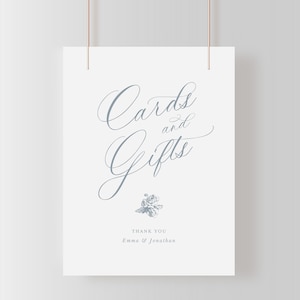 Letrero de tarjetas y regalos, plantilla de letrero de boda con rosas francesas imprimibles con rosas azules polvorientas, letrero elegante editable de 8 x 10 / Emma
