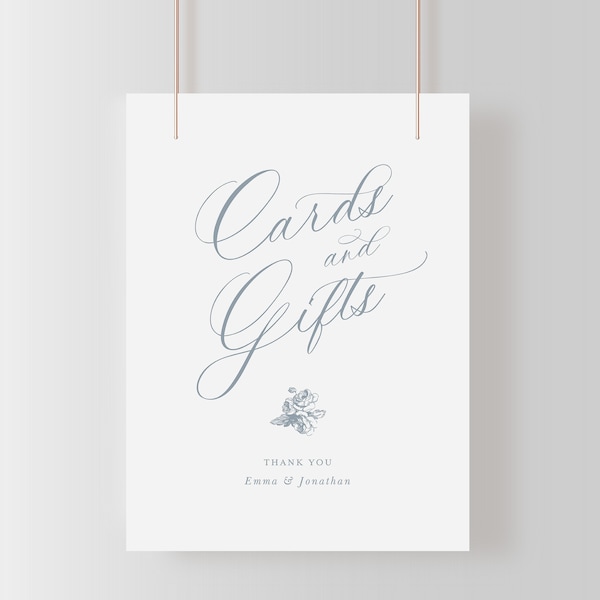 Cards & Gifts Sign, Printable French Roses Wedding Sign Template with Dusty Blue Roses, Editable Elegant Sign 8x10 | Emma