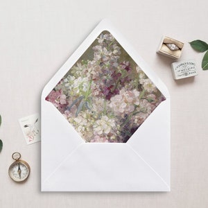 Druckbare Umschlag Liner, A7, Euro Klappe, Quadrat Klappe, 6,5 Quadrat, A6, 5,75 Quadrat, 4 Stange, 4 Stange für 5x7 Hochzeit lädt weiße rosa Blumen ein