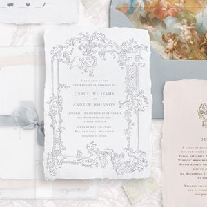 Set di modelli di inviti di nozze stampabili con cornice barocca in filigrana, inviti eleganti modificabili, dettagli di nozze classici, biglietti RSVP