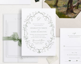 Printable Wedding Invitation Template Set with Delicate Leafy Frame, Editable Elegant Invites, Botanical Wedding Details RSVP Cards