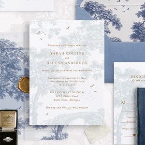 Set di modelli di inviti di nozze stampabili in stile French Toile Fine Art, inviti di nozze romantici modificabili, biglietti RSVP con dettagli di nozze blu e oro