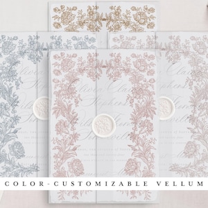 In kleur aanpasbaar en afdrukbaar velijnpapier bruiloft voor kaarten van 5 x 7 inch, vintage bloemenlijstontwerp