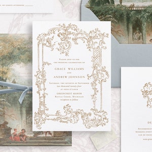 Printable Wedding Invitation Template Set with Gold Baroque Frame, Editable Elegant Invites, Classic Wedding Details RSVP Cards