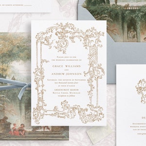 Druckbare Hochzeitseinladungsvorlage mit Goldbarockrahmen, bearbeitbare elegante Einladungen, klassische Hochzeitsdetails Antwortkarten