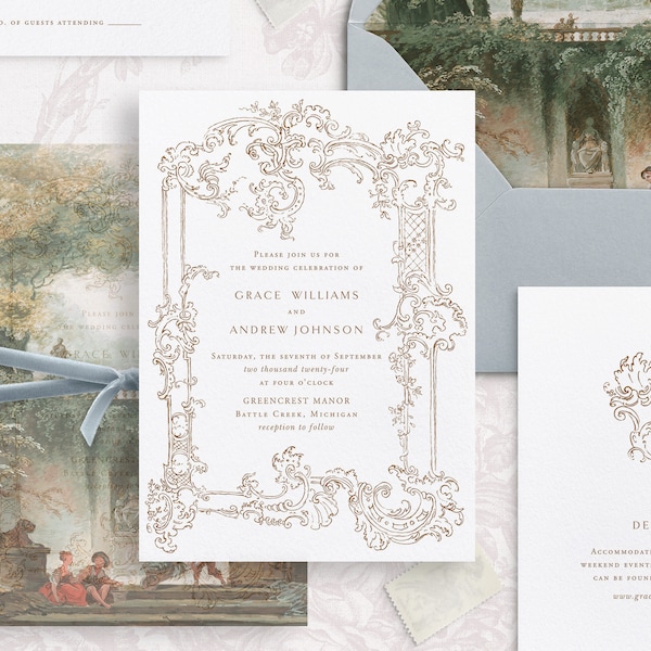 Druckbares Hochzeitseinladungsvorlagen-Set mit goldenem Barockrahmen, bearbeitbaren eleganten Einladungen, klassischen Hochzeitsdetails, RSVP-Karten