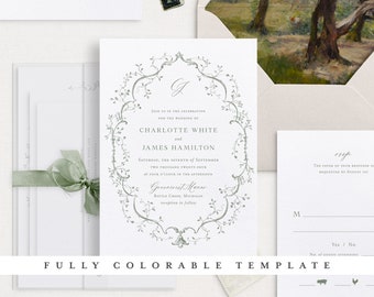 Printable Wedding Invitation Template Set with Delicate Leafy Frame, Editable Elegant Invites, Botanical Wedding Details RSVP Cards