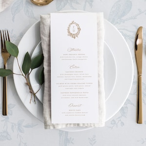 Wydrukuj szablon karty menu weselnego ze złotą filigranową ramką, edytowalne eleganckie klasyczne menu na stół w formie bufetu z napojami i kolacją | FF