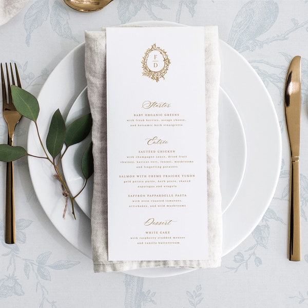 Printable Wedding Menu Card Template with Gold Filigree Frame, Editable Elegant Classic Dinner Drink Buffet Table Menus | FF