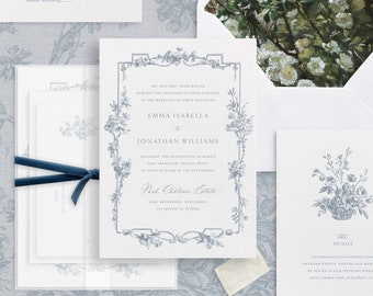 Printable Wedding Invitation Template Set with French Roses, Editable Vintage Classic Invites Wedding Details and RSVP Cards Dusty Blue Emma