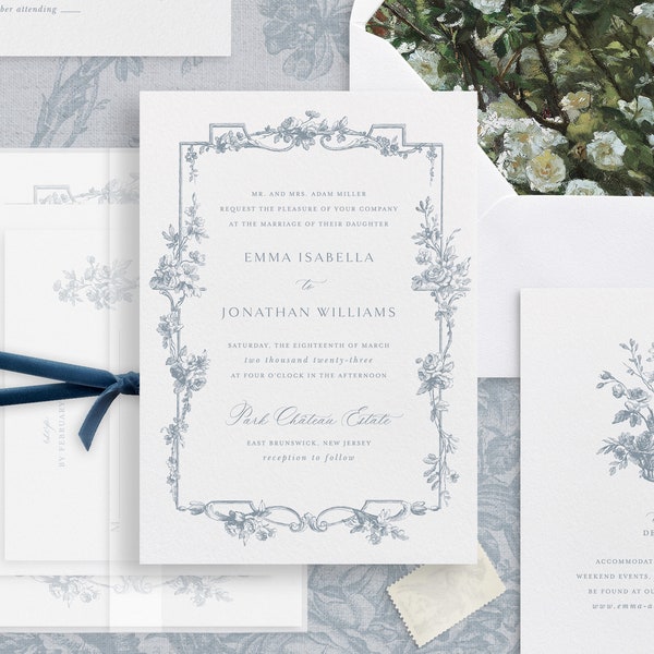 Conjunto de plantillas de invitación de boda imprimibles con rosas francesas, invitaciones clásicas vintage editables, detalles de boda y tarjetas de confirmación de asistencia Dusty Blue Emma