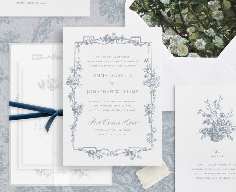 May include: A wedding invitation with a blue floral design. The invitation is for Emma Isabella and Jonathan Williams. The wedding will take place on Saturday, March 18, 2023 at 4:00 PM at Park Chateau Estate in East Brunswick, New Jersey.