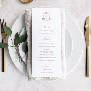 Modello di menu per matrimonio stampabile con rose francesi, menu modificabili per buffet di bevande per cene classiche vintage, Dusty Rose Emma