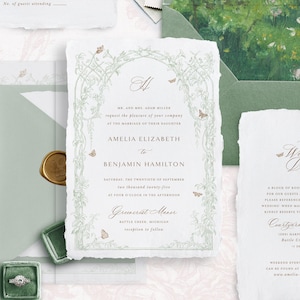 Druckbare Hochzeitseinladungsvorlage mit Gitter und Schmetterlingen, bearbeitbare Vintage Einladungen Hochzeitsdetails und Antwortkarten, Cottagecore