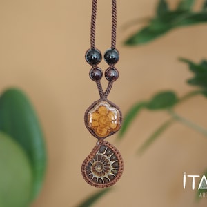 Ammonite Fossil & Ayahuaska · Handmade Macrame Talisman Necklace | Artisan Designed and Handcrafted Natural Stone Jewellery | Made in Peru