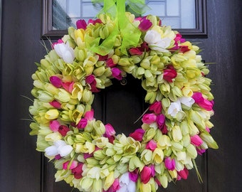 Green Tulip Wreath: Spring Summer Floral Door Wreath