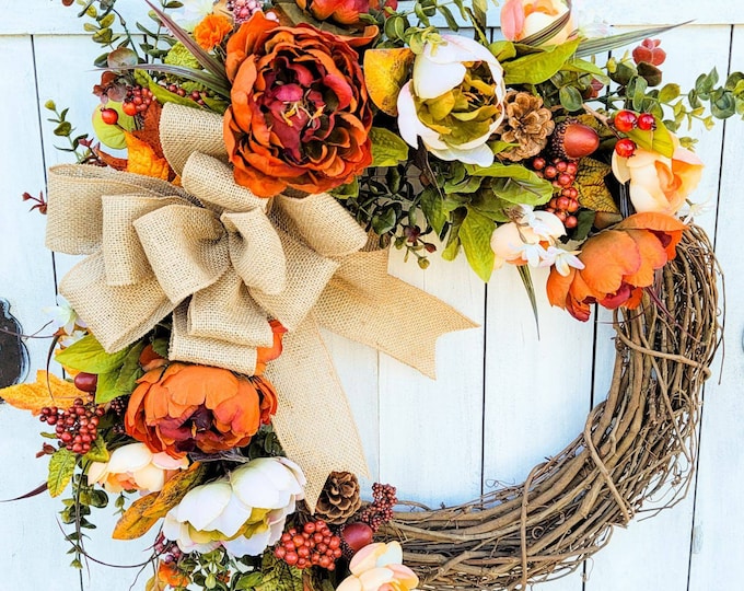 Fall Wreath-Fall Wreath for Front Door-Autumn Wreath-Autumn Decor-Thanksgiving Wreath-Fall Wreaths-Fall Decor-Orange Decor-Burlap Bow