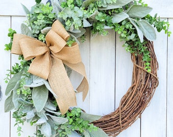 Lambs Ear & Eucalyptus Wreath-Eucalyptus Wreath-Lambs Ear Wreath-Year Round Front Door Wreath-Spring Summer Wreath-Farmhouse Style-Greenery