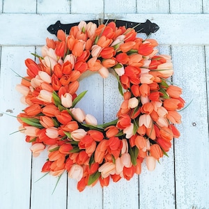 Coral Tulip Wreath: Spring Summer Door Decor