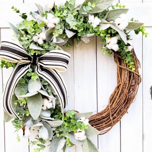 Lambs Ear Wreath-Cotton Wreath-Everyday Wreath-Year Round Wreath-Eucalyptus Front Door Wreath-Farmhouse Style-Spring Summer Wreath