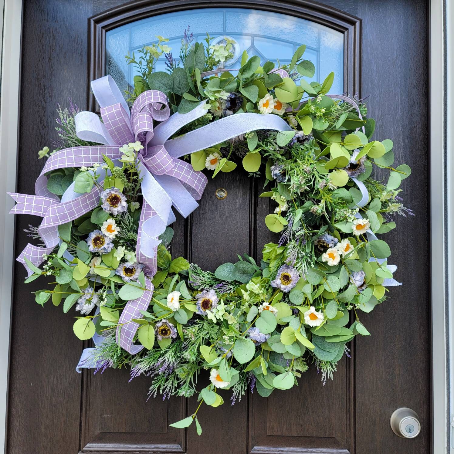 Vivimemo Summer 24-inch Wreath Purple Lavender Yellow Flowers Green Leaf Wreath Wedding Holiday Party Office Decoration Spring Summer Front Door Indoor Outdoor Home Decoration