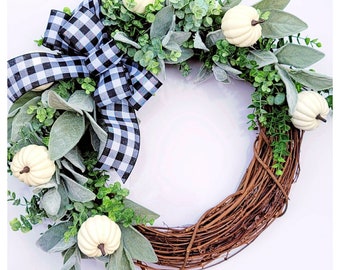 White Pumpkin Fall Wreath: Lambs Ear, Eucalyptus & Buffalo Plaid Bow