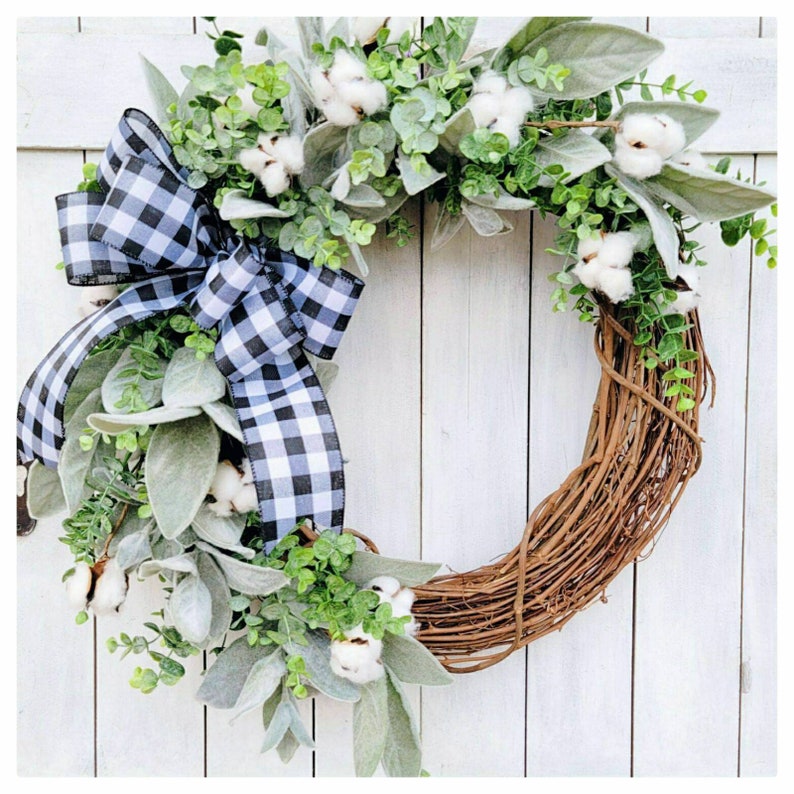 Cotton Wreath-Lambs Ear and Cotton Wreath-Buffalo Plaid Wreath-Fall Wreath-Everyday Wreath-Lambs Ear Wreath-Eucalyptus Wreath-Farmhouse Syle