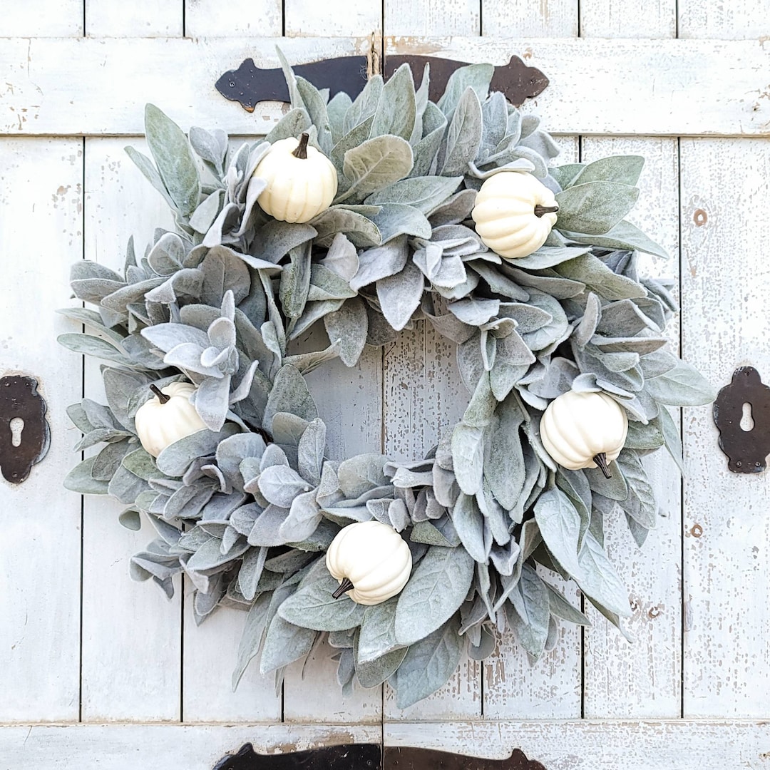 Lambs Ear White Pumpkin Fall Wreath- Lambs Ear Front Door Wreath-fall ...