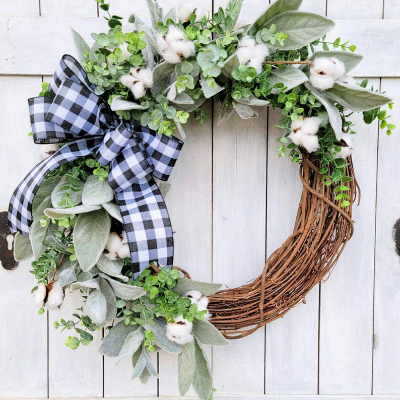 Cotton Wreath-Lambs Ear and Cotton Wreath-Buffalo Plaid Wreath-Fall Wreath-Everyday Wreath-Lambs Ear Wreath-Eucalyptus Wreath-Farmhouse Syle
