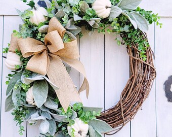 White Pumpkin Fall Wreath: Faux Lambs Ear, Eucalyptus, Burlap Bow