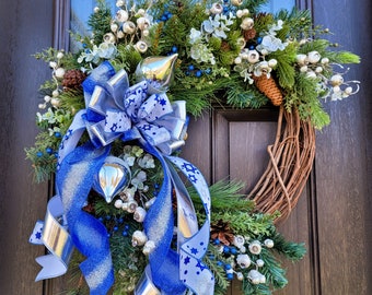 Hanukkah Wreath for Front Door-Hanukkah Decor-Blue Silver Hanukkah Wreath-Silver Ornament Wreath-Chanukah Wreath-Star of David Ribbon