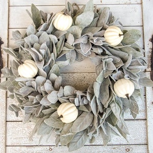 Lambs Ear White Pumpkin Fall Wreath- Lambs Ear Front Door Wreath-fall ...