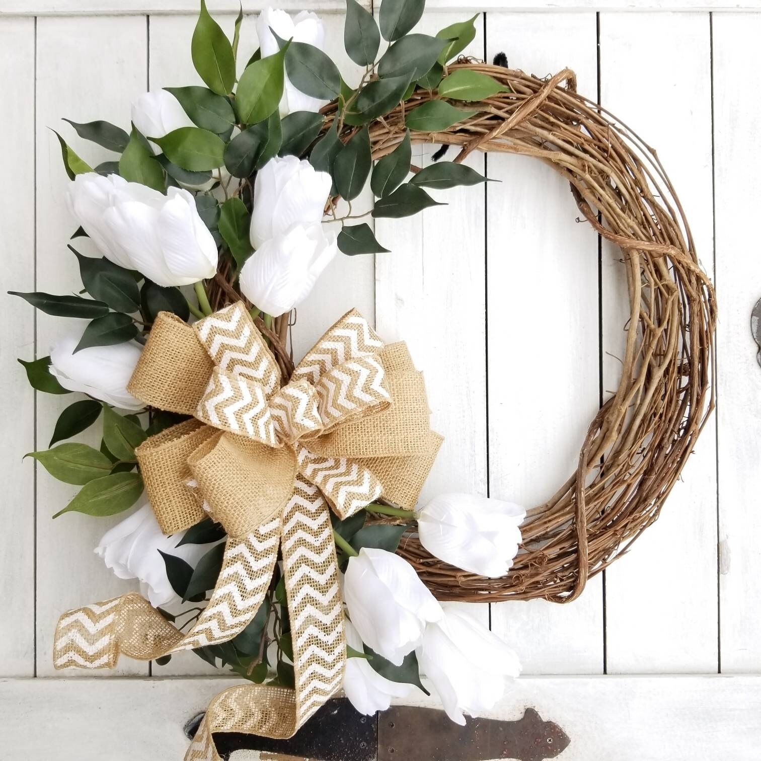 20" Tulip Wreaths For Front Door Décor,Springtime Silk Flower Wreath For Front Door In Summer Spring