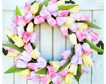 Pastel Tulip Wreath: Spring Easter Front Door Decor